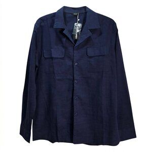 NWT COOFANDY | Navy Blue Long Sleeve Linen-Style Camp Collar Button Down | Small